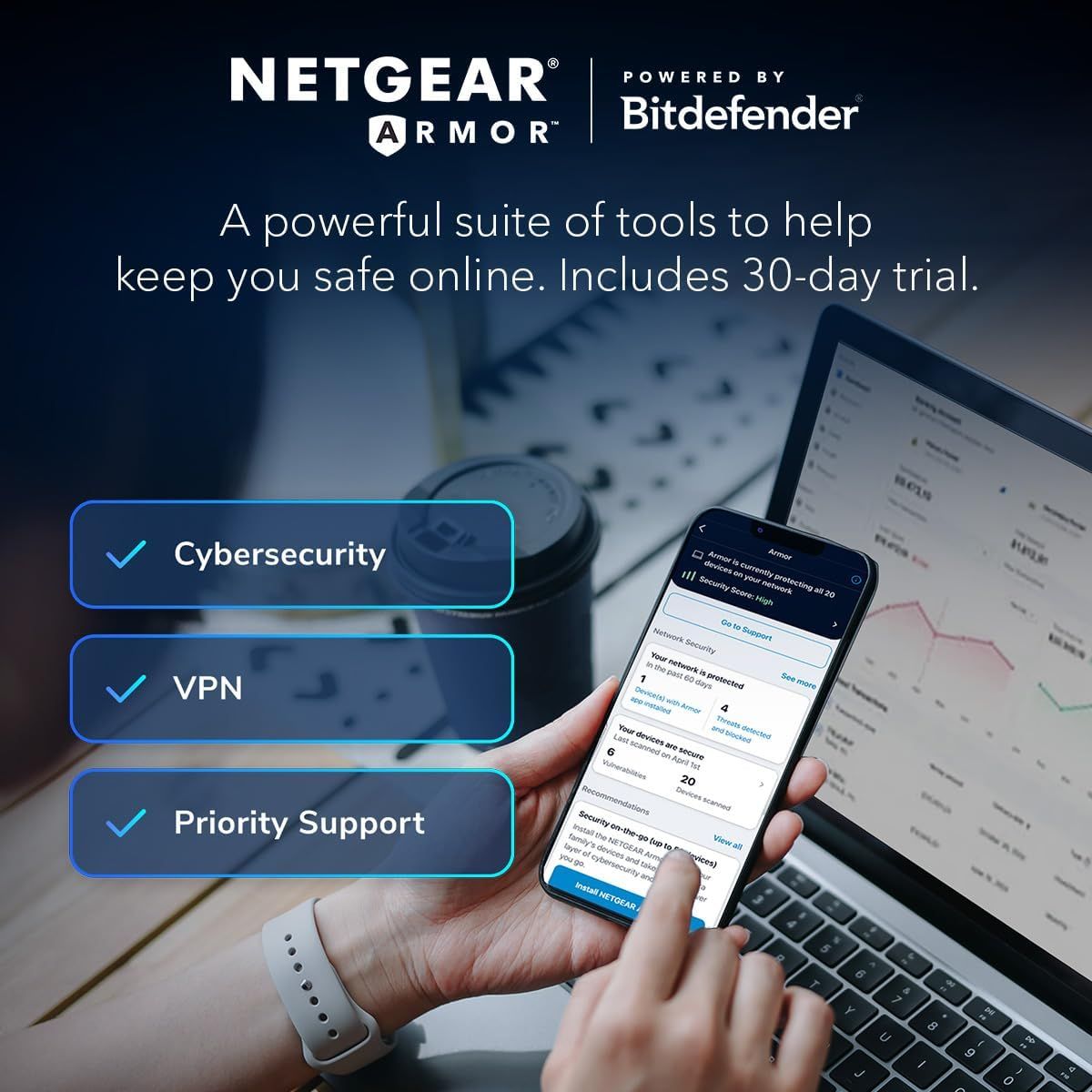 Communicates the three key benefits included in the NETGEAR Armor powered by Bitdefender suite: cybersecurity protection, VPN access, and priority support, along with a 30-day trial offer.