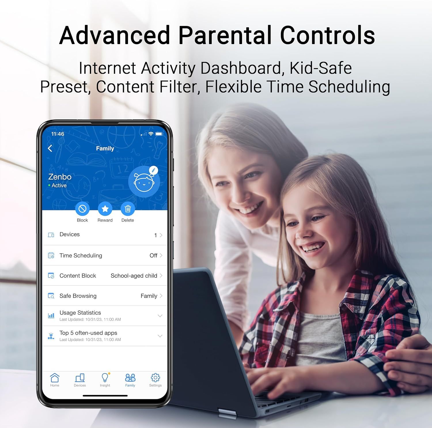Demonstrates the comprehensive parental control capabilities of the product, showing multiple features in a segmented menu layout to reassure parents they can monitor and manage their child's…