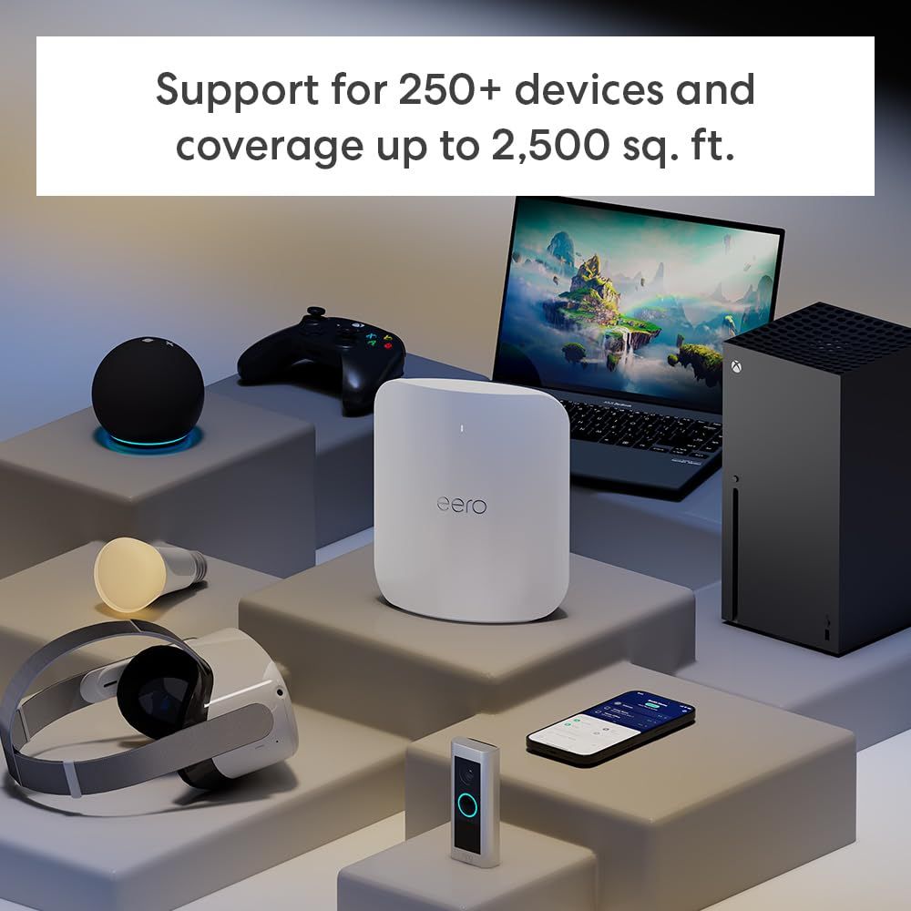 Communicates the router's impressive capacity to support 250+ devices and provide coverage up to 2,500 sq. ft., reassuring shoppers about its performance for large homes or multi-device households.…