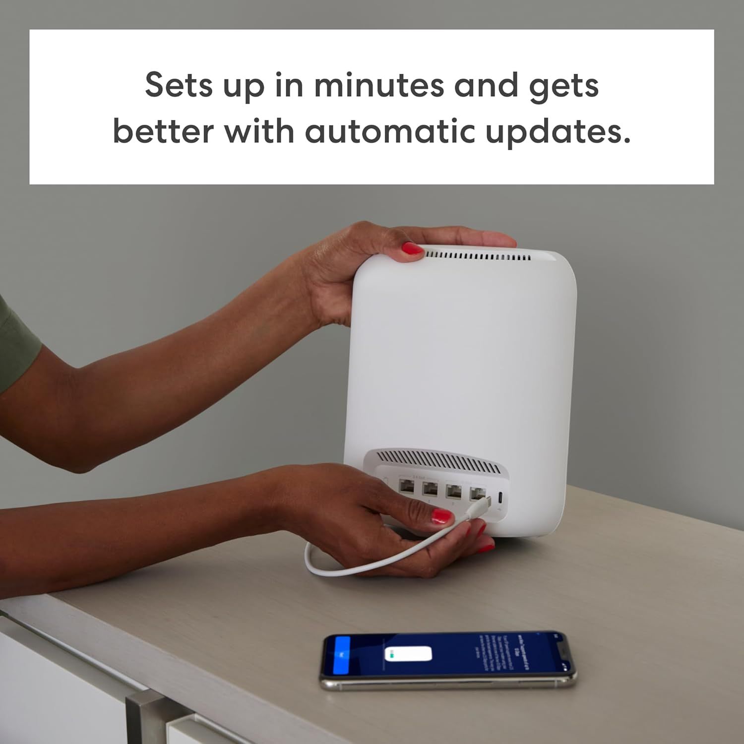 Demonstrates the simple setup process to reassure shoppers that the product can be installed quickly and easily, with automatic updates for ongoing improvement. Highlights the ease of setup and…