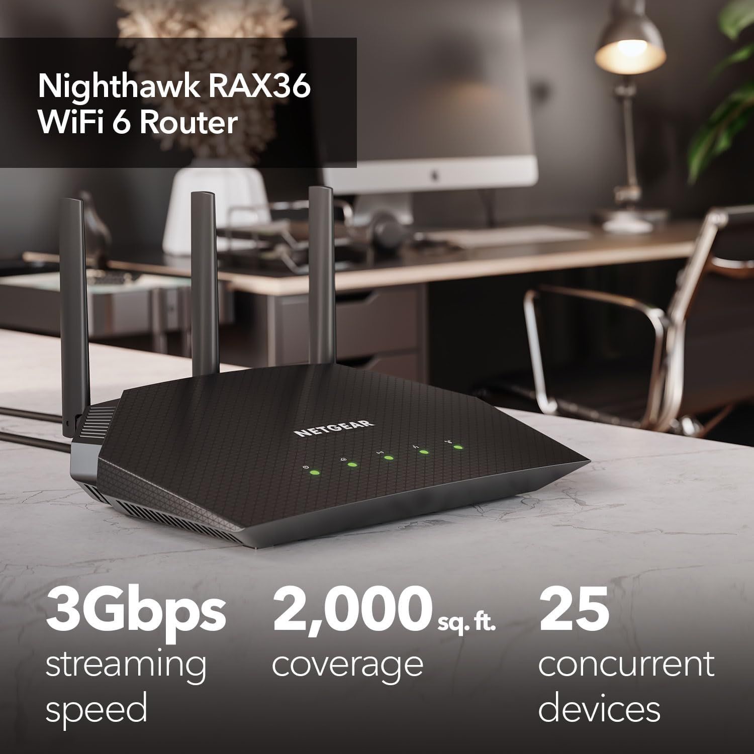 Communicates the router's key performance specifications across three distinct benefit areas: speed, coverage area, and device capacity to help shoppers understand the product's capabilities.