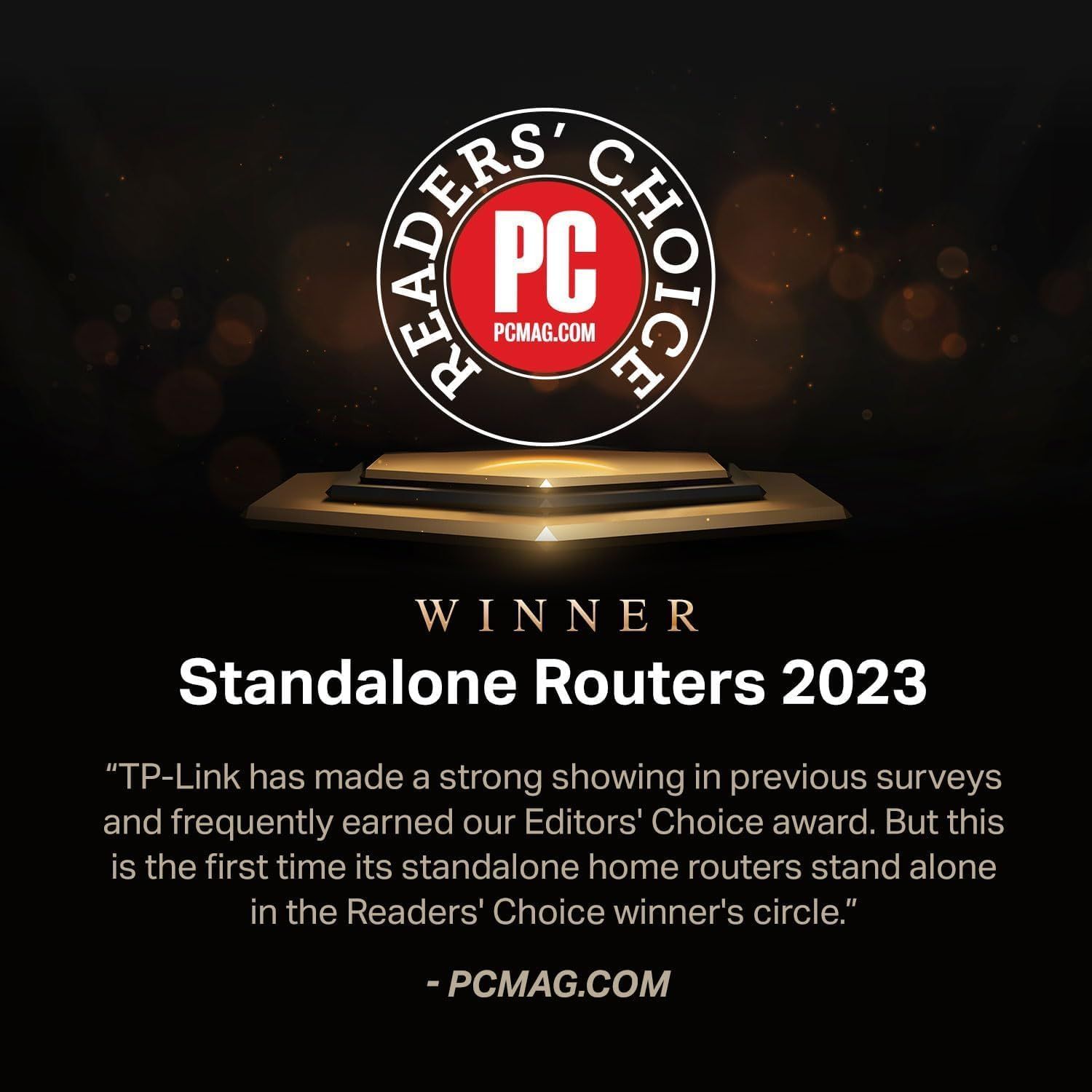 Communicates third-party validation and credibility by showcasing that the product won PC Magazine's Readers' Choice award for Standalone Routers 2023, building trust and reassuring shoppers of the…