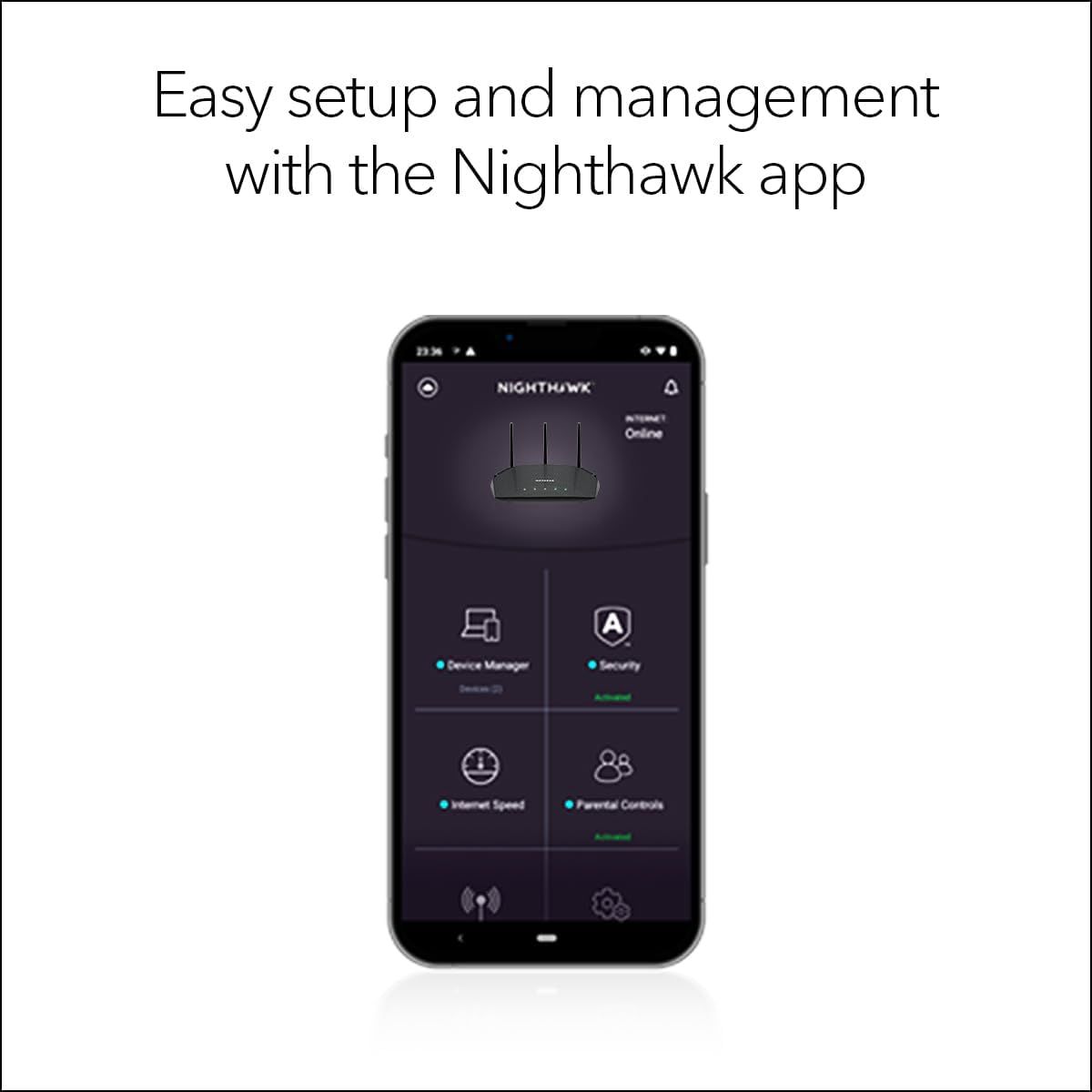 Communicates that the router can be easily set up and managed through the Nighthawk mobile app, reassuring shoppers that the product is user-friendly and convenient to control.