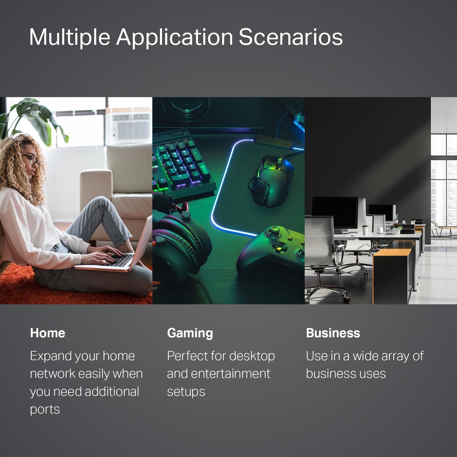 Demonstrates the product's versatility by showing three distinct use cases: home networking, gaming/entertainment setups, and business environments, reassuring shoppers that the product works across…