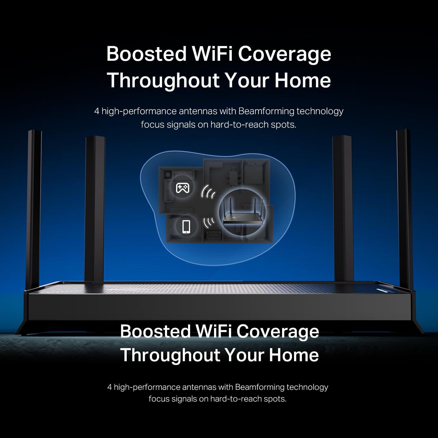 Communicates that the router provides enhanced WiFi coverage throughout the entire home using 4 high-performance antennas with beamforming technology to reach hard-to-reach spots.