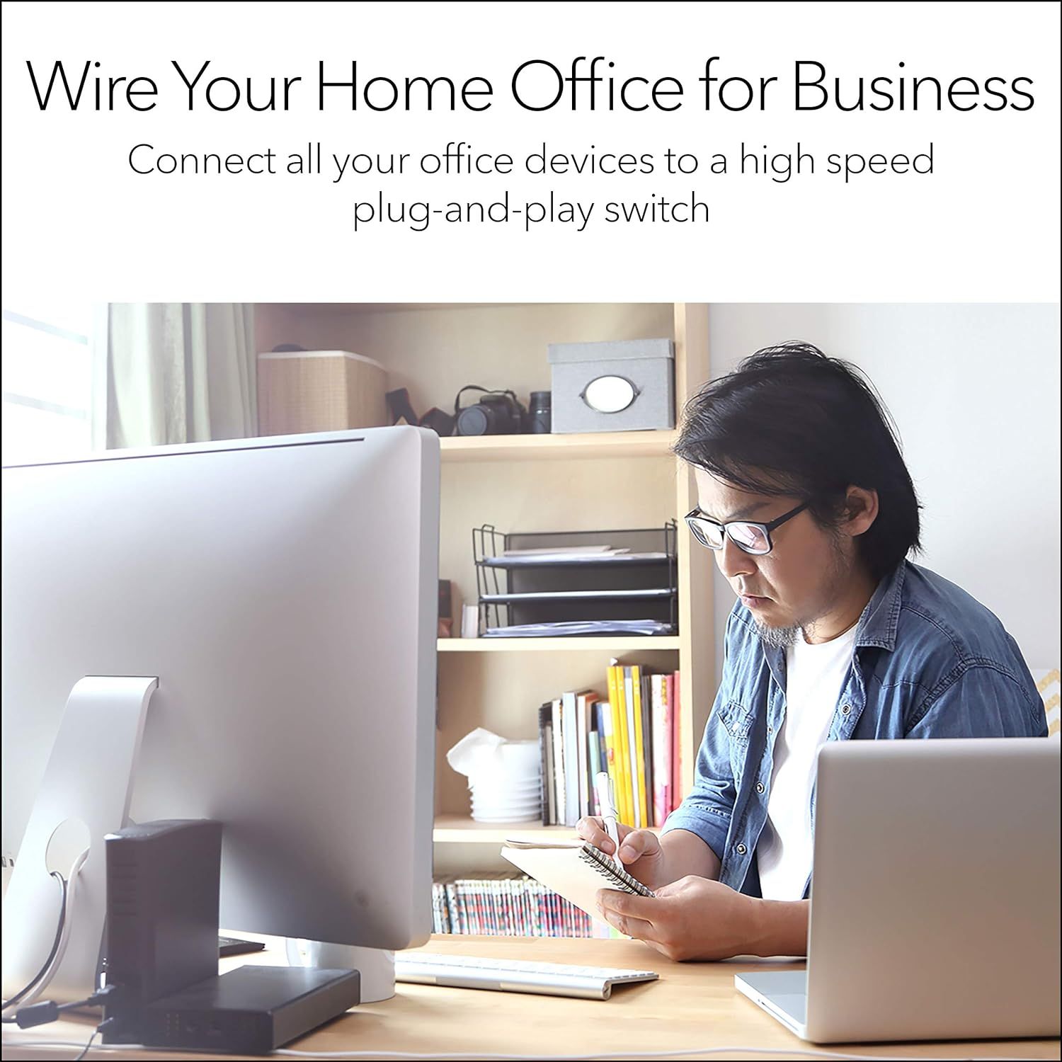 Demonstrates the product's use case in a home office environment, showing how it enables business connectivity for remote work scenarios. Communicates the ease of connecting multiple office devices…