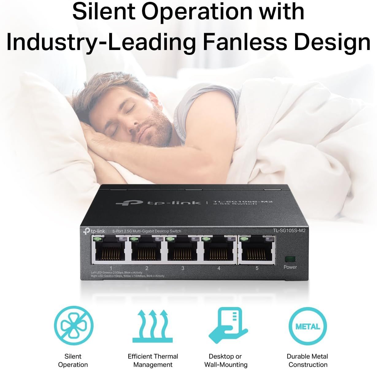 Communicates multiple key benefits of the network switch in a segmented layout, emphasizing its quiet fanless design, thermal efficiency, mounting flexibility, and durable construction to appeal to…