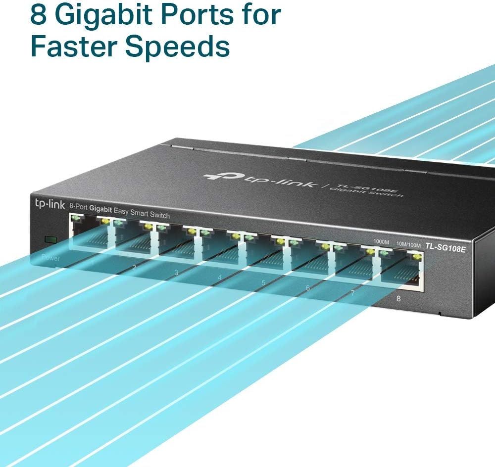 Communicates the product's key performance specification—8 gigabit ports—to reassure shoppers that the network switch delivers high-speed connectivity for multiple devices.