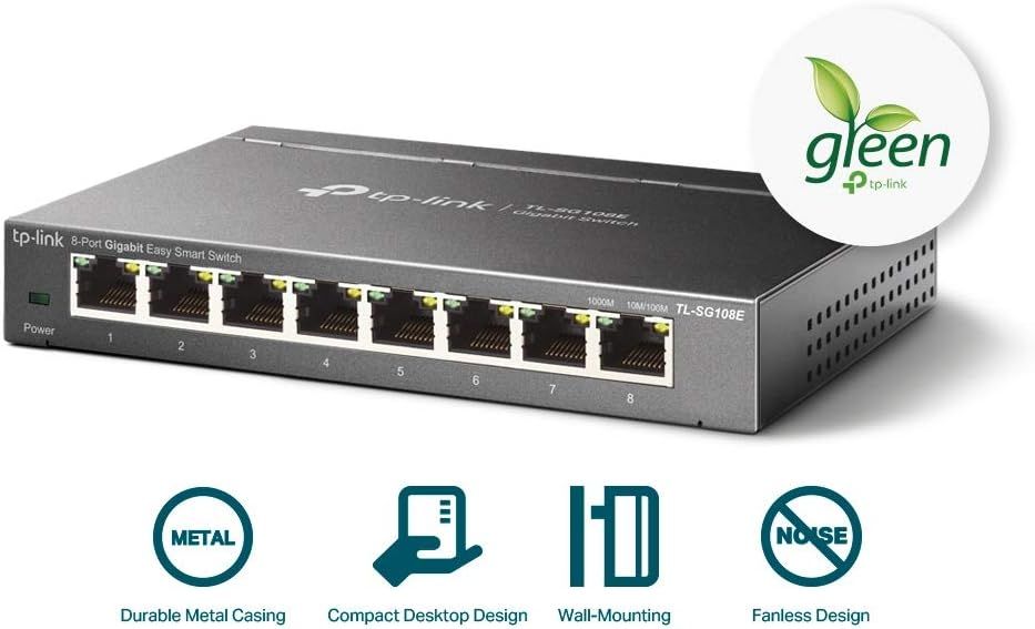 Highlights multiple physical and design benefits of the network switch to reassure shoppers about its durability, space efficiency, installation flexibility, and quiet operation.