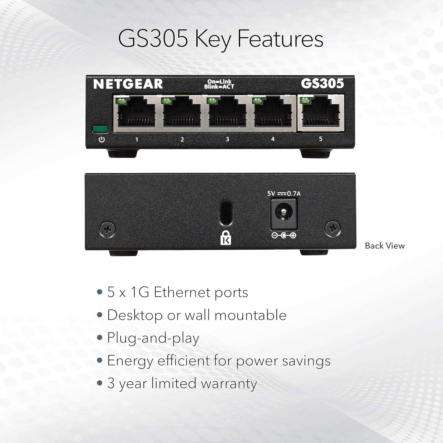 Communicates multiple key selling benefits of the GS305 network switch in a structured list format, helping shoppers quickly understand the product's capabilities and value proposition.