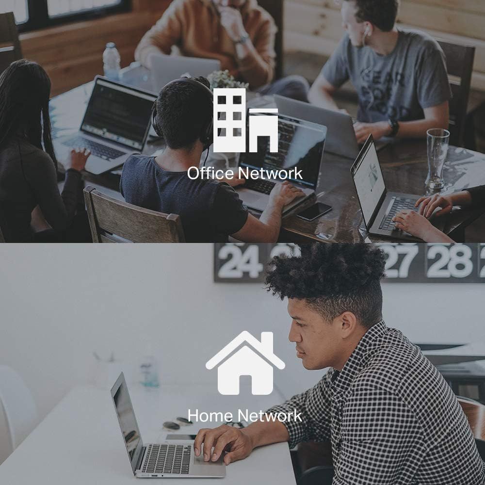 Demonstrates the product's versatility by showing it works in multiple environments—both office and home network settings—to reassure shoppers it fits their specific use case.