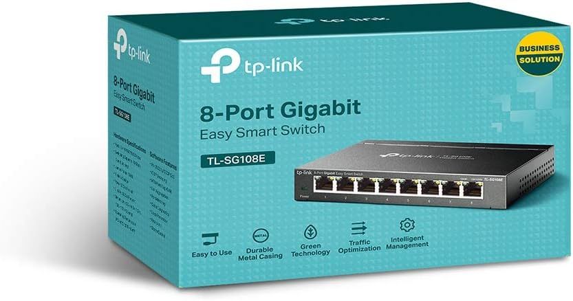 Communicates multiple distinct selling benefits of the network switch through segmented icon-based callouts, reassuring business buyers that the product is user-friendly, durable, eco-conscious, and…