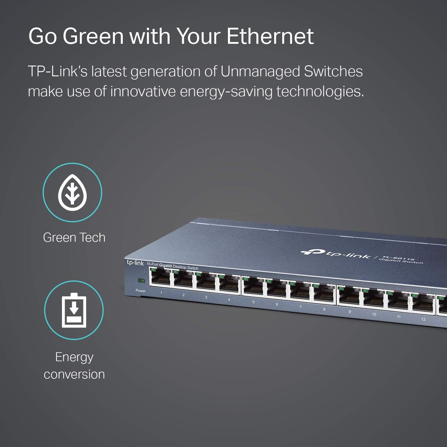 Communicates that the TP-Link Ethernet switch uses innovative energy-saving technologies through two distinct environmental benefits: green tech and energy conversion.