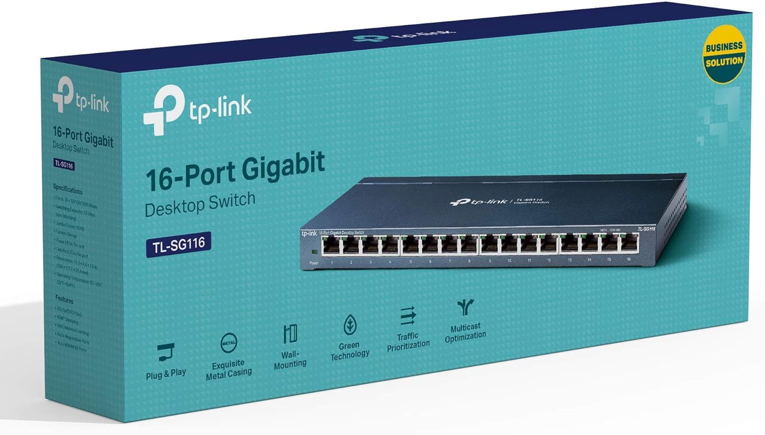 Communicates multiple distinct selling benefits of the network switch in a segmented icon layout, reassuring shoppers of its ease of use, build quality, installation flexibility, eco-friendliness,…