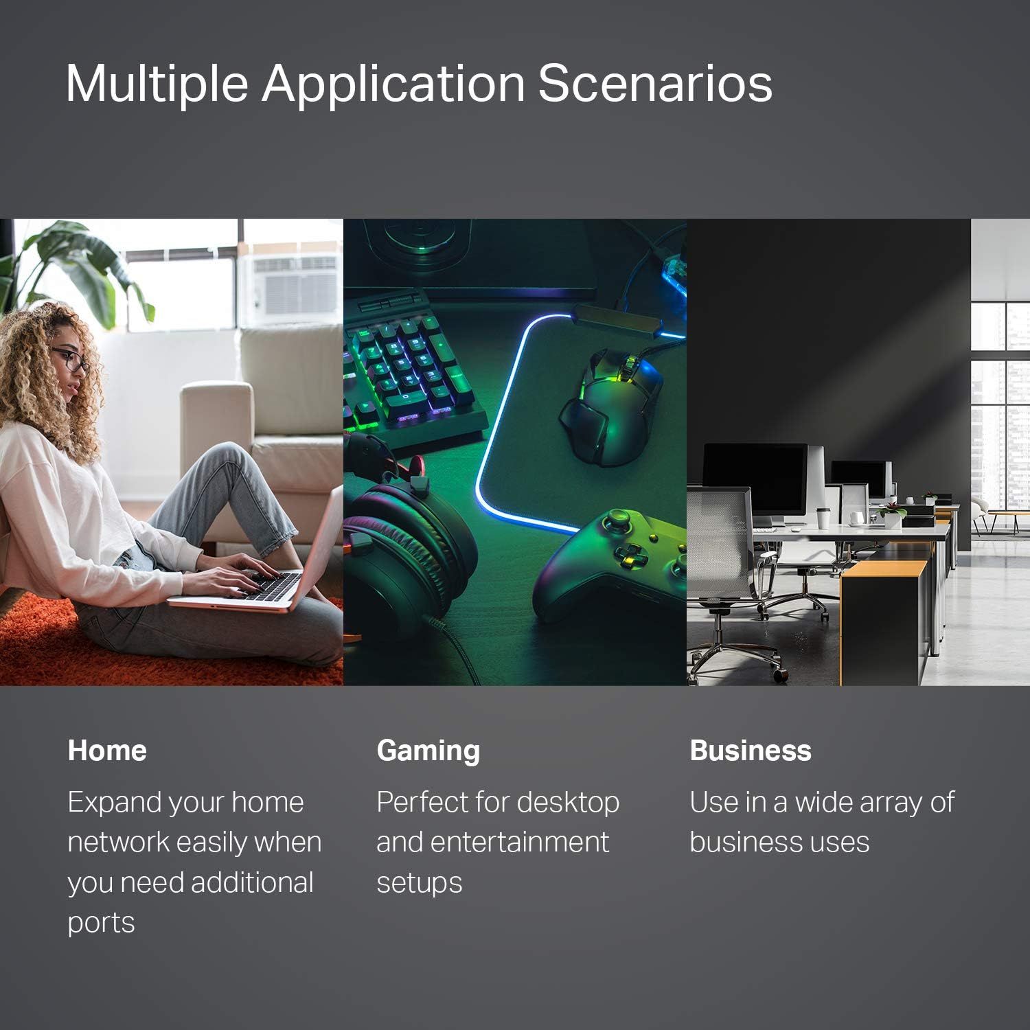 Demonstrates the product's versatility by showing three distinct application scenarios (home networking, gaming setup, and business environment) to communicate that it works across multiple contexts…