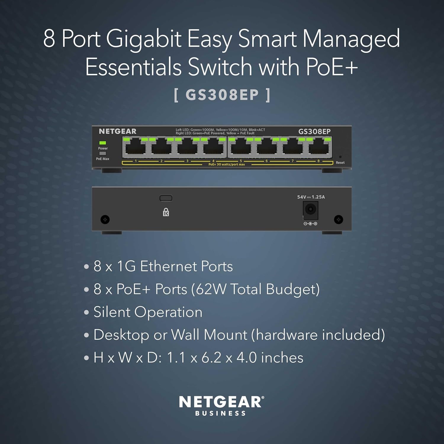 Communicates multiple key technical specifications and benefits of the network switch in a bulleted list format, helping shoppers quickly understand the product's capabilities including port count,…