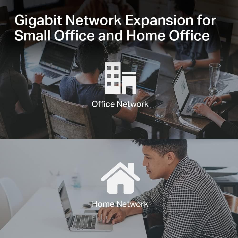 Demonstrates the product's versatility by showing two distinct use cases: expanding network capabilities in small office environments and home office settings.