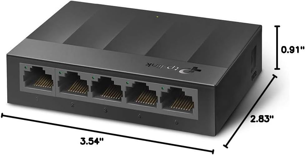 Communicates the physical dimensions of the network switch to help shoppers understand its compact size and ensure it fits their intended space.