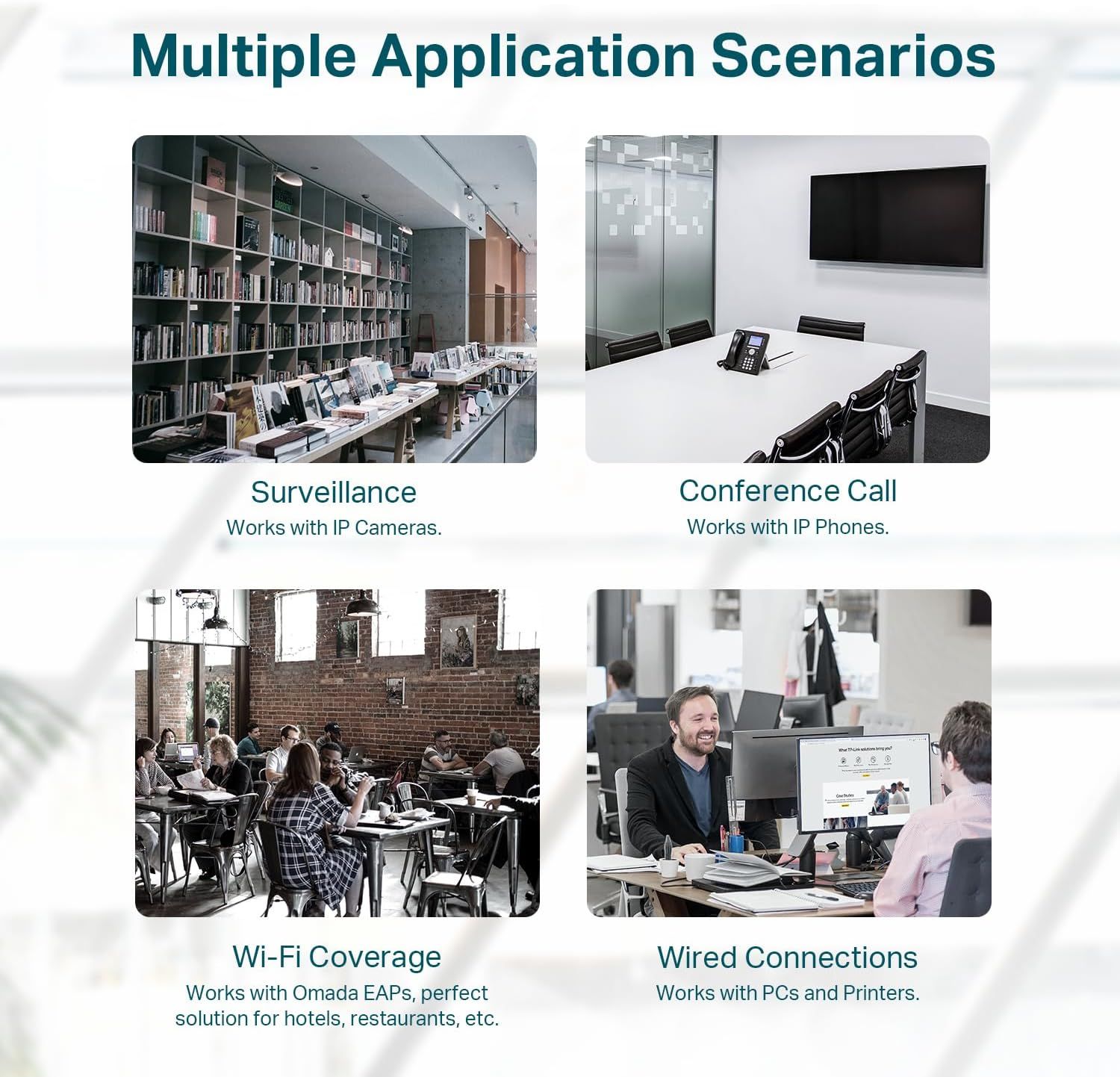 Demonstrates the product's versatility by showing four distinct application scenarios where it can be used—surveillance with IP cameras, conference calls with IP phones, Wi-Fi coverage in public…