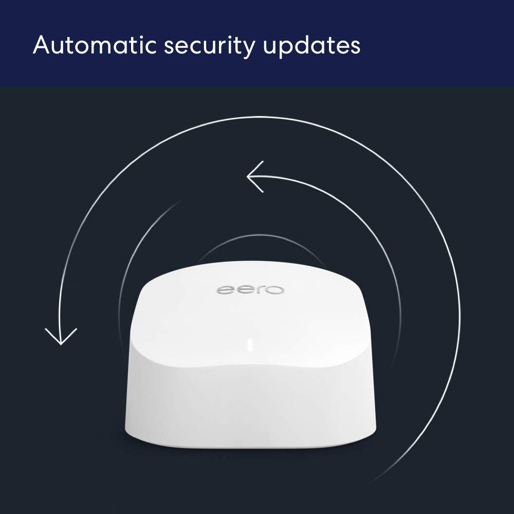 Communicates that the eero device automatically receives security updates to reassure shoppers about ongoing protection and ease of maintenance.