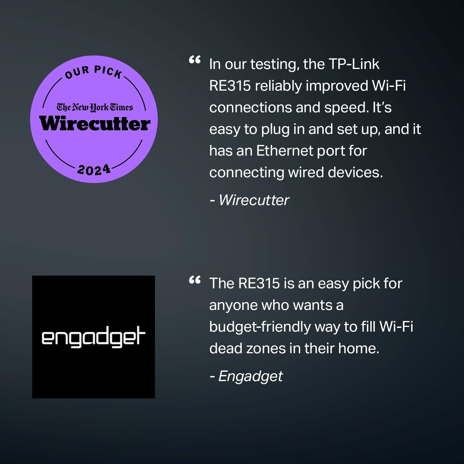 Showcases endorsements from major tech publications (The New York Times Wirecutter and Engadget) to build credibility and trust, demonstrating that the TP-Link RE315 has been tested and recommended…