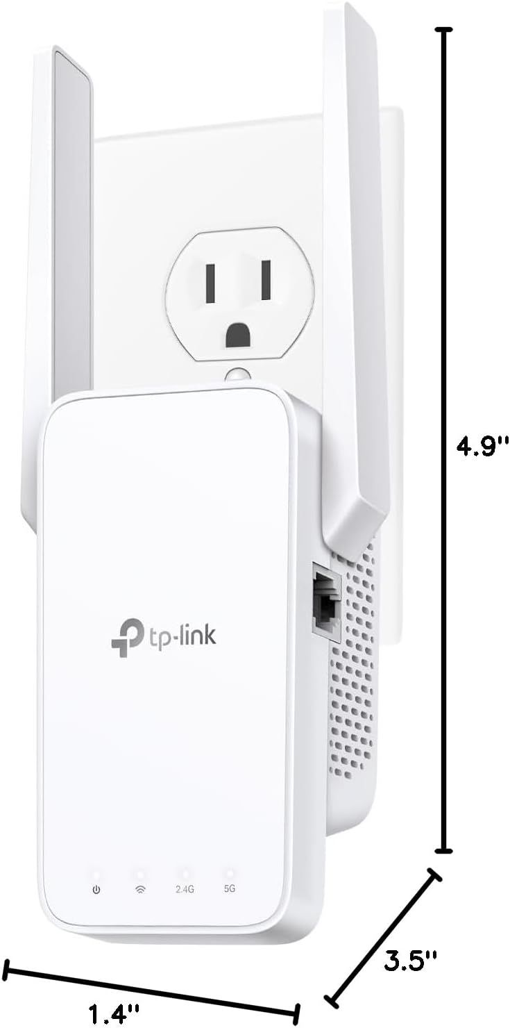 Communicates the physical size of the WiFi extender with exact measurements to help shoppers understand how much space it will occupy when plugged into an outlet.