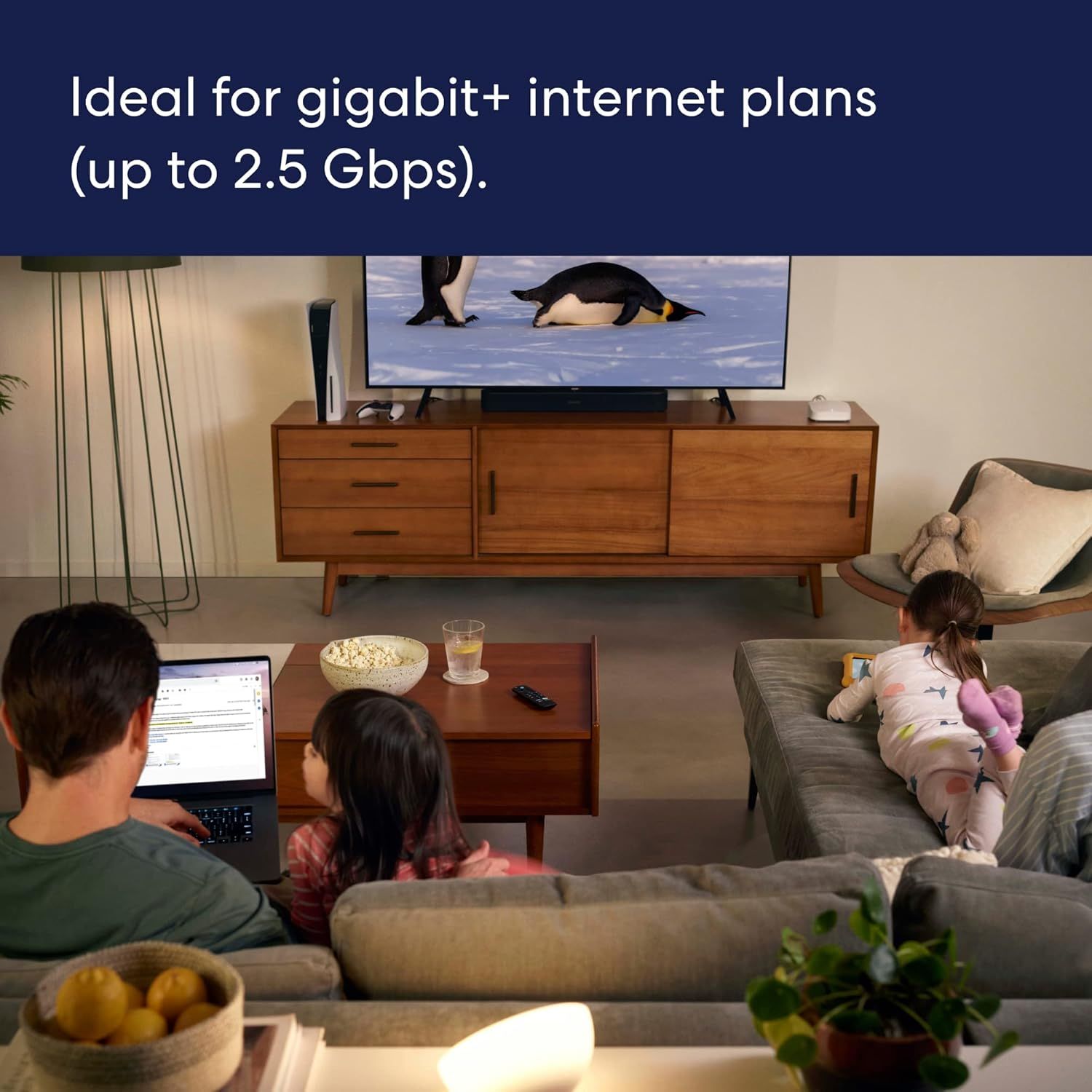 Communicates the product's high-speed internet capability to reassure shoppers that it can handle demanding gigabit+ internet plans and support multiple devices streaming simultaneously. Shows the…