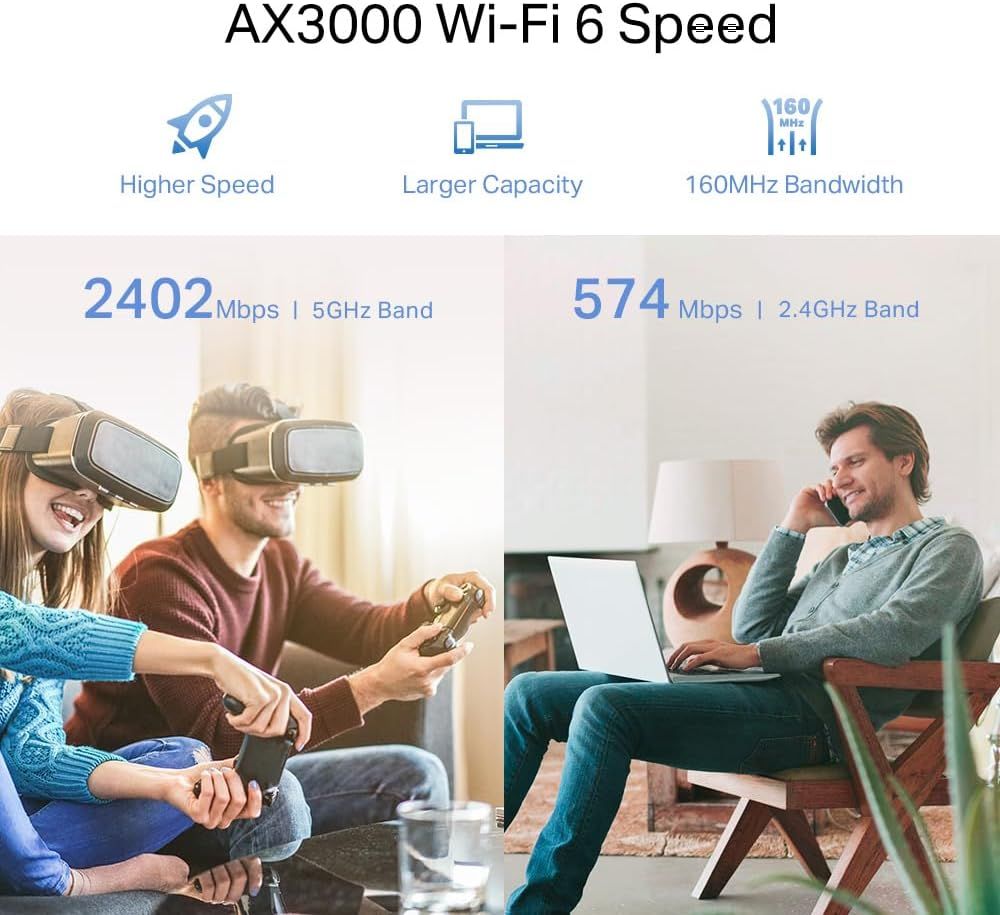 Communicates the high-performance Wi-Fi 6 speed specifications (AX3000) to reassure shoppers that this router delivers fast, reliable connectivity for multiple devices and bandwidth-intensive…