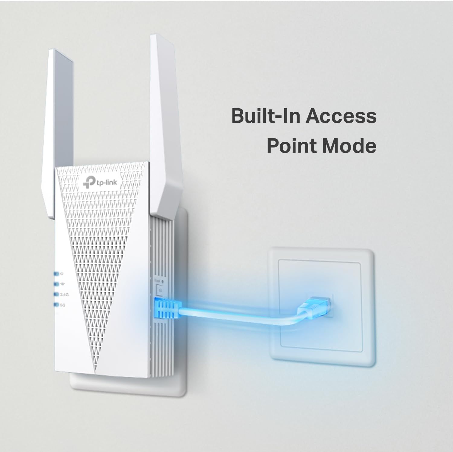Communicates that the device has a built-in access point mode feature, showing how it connects directly to an ethernet wall port for easy network setup and convenience.