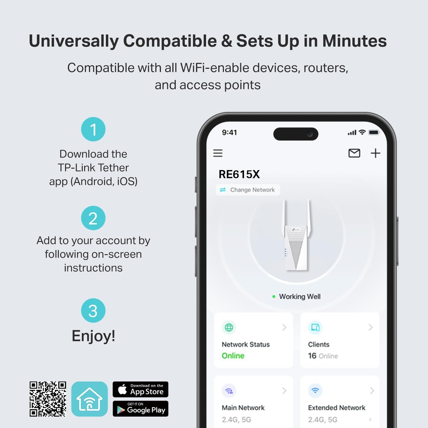 Demonstrates the simple 3-step setup process to reassure shoppers that the product is easy to install and configure using a mobile app. Highlights the product's universal compatibility with WiFi…