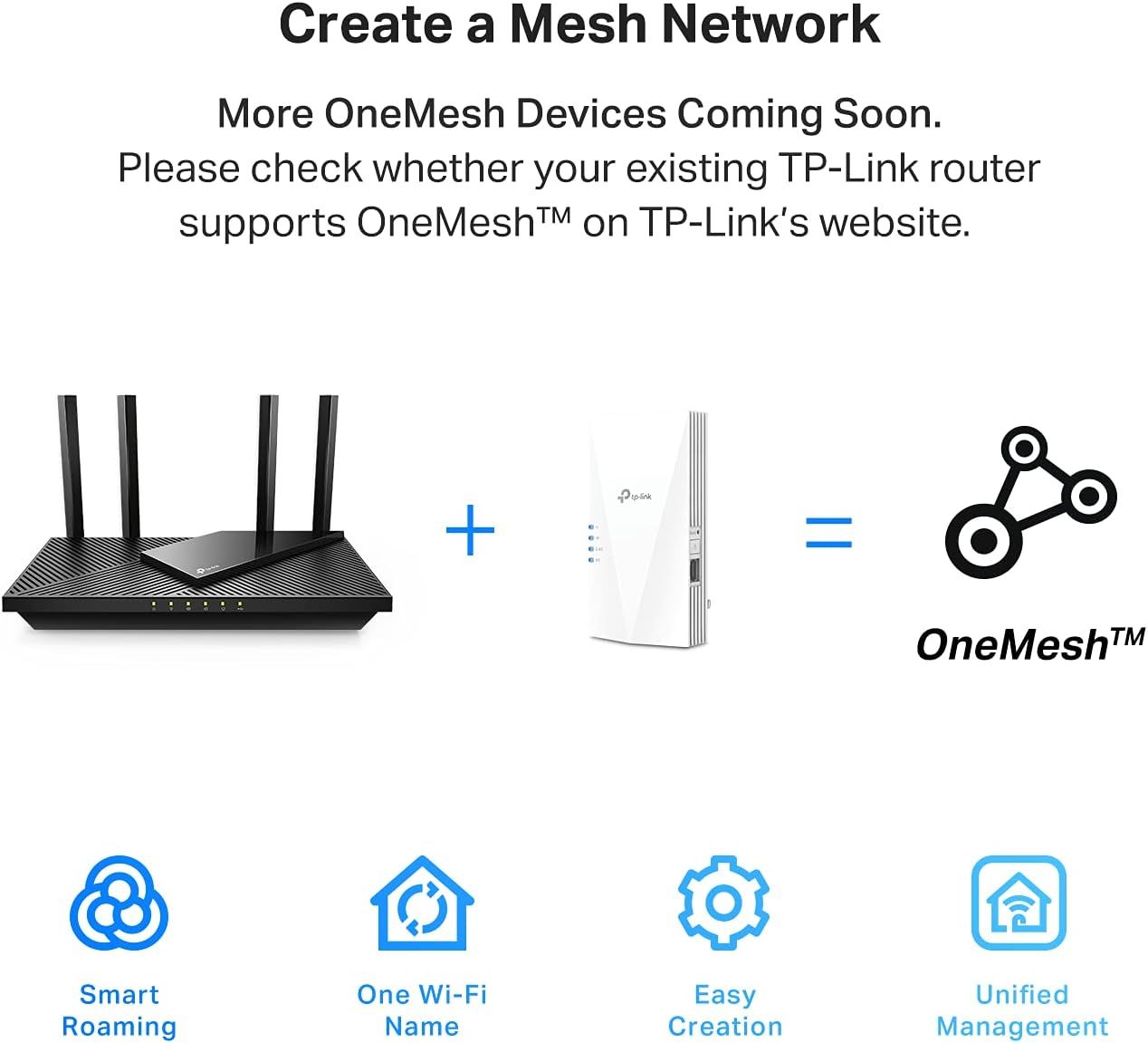 Communicates the multiple benefits of creating a OneMesh network with TP-Link devices, including smart roaming, unified Wi-Fi naming, easy setup, and centralized management to reassure shoppers…