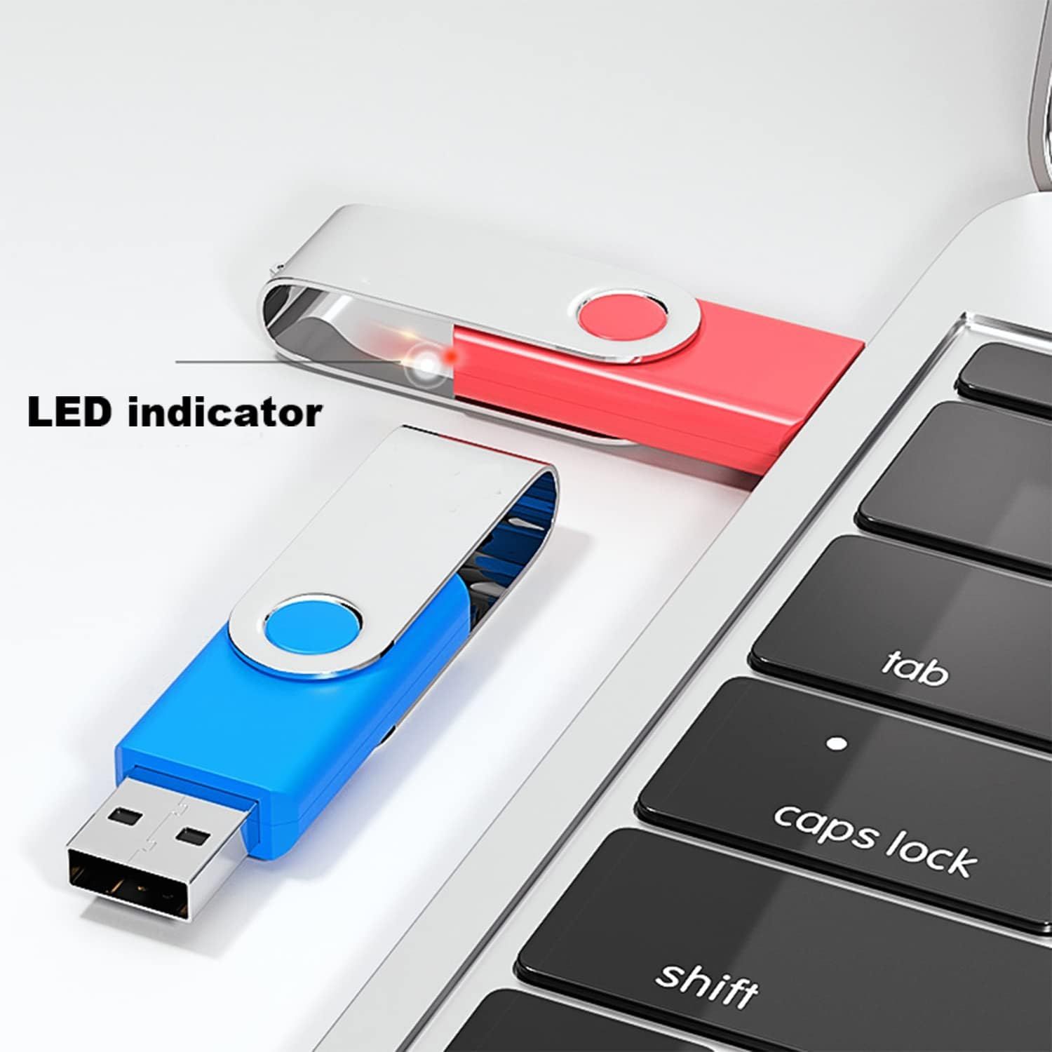 Highlights the LED indicator feature on the USB flash drive to show shoppers that the device provides visual feedback when in use or transferring data.