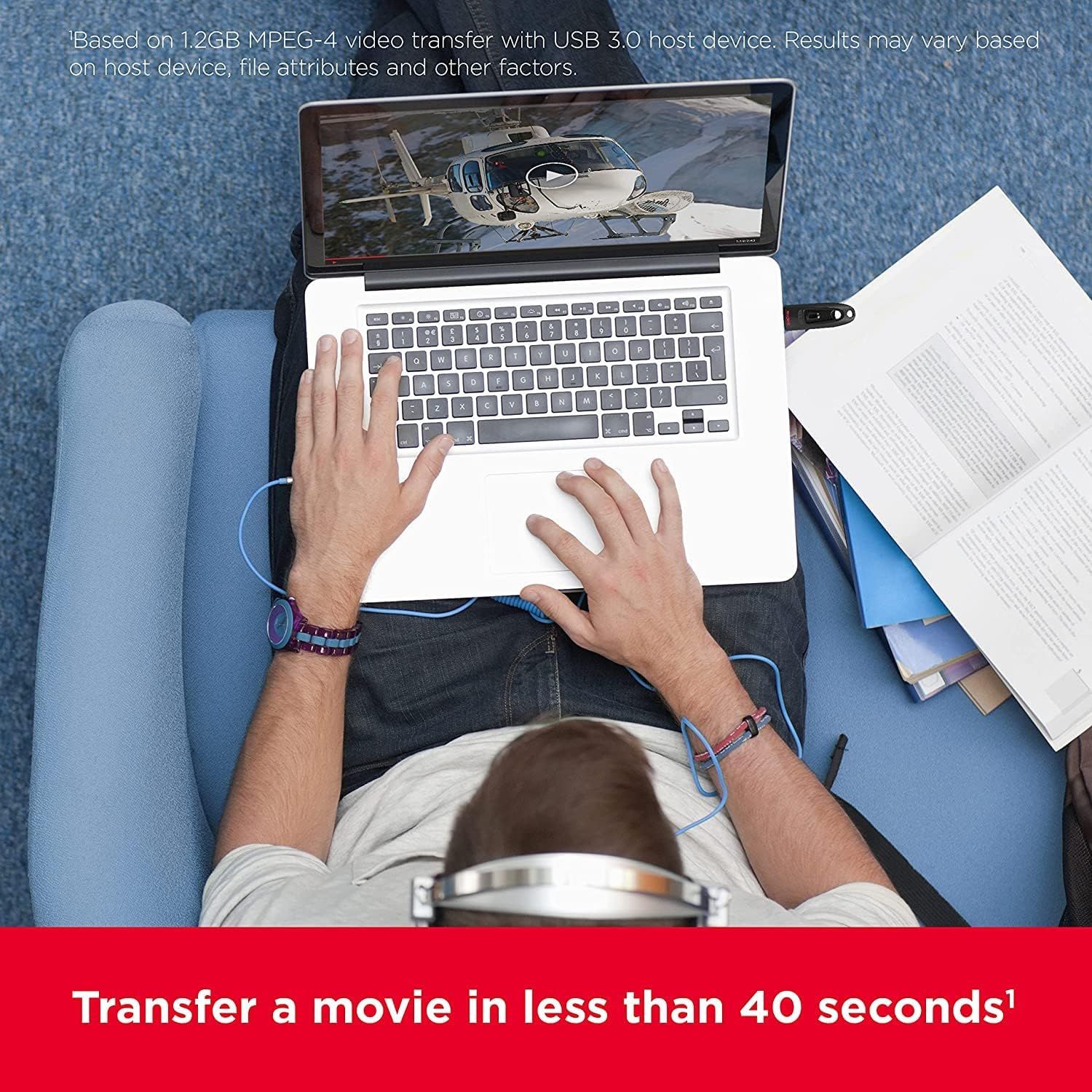 Communicates the product's high-speed data transfer capability by showing a real-world performance metric (transferring a movie in less than 40 seconds), reassuring shoppers that the USB drive is…