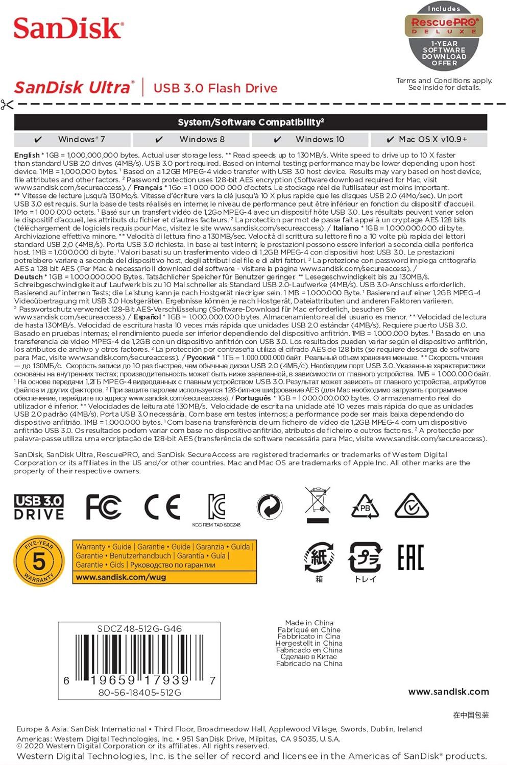 Communicates the product's compatibility with multiple operating systems (Windows 7, 8, 10, Mac OS X) and displays regulatory certifications to reassure shoppers about safety standards and global…