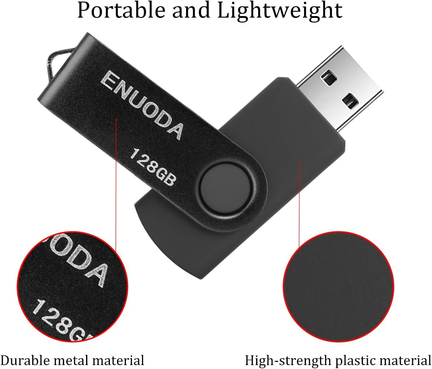 Highlights the physical construction and materials of the USB flash drive, emphasizing durability and quality to reassure shoppers about the product's build. Communicates multiple selling benefits…