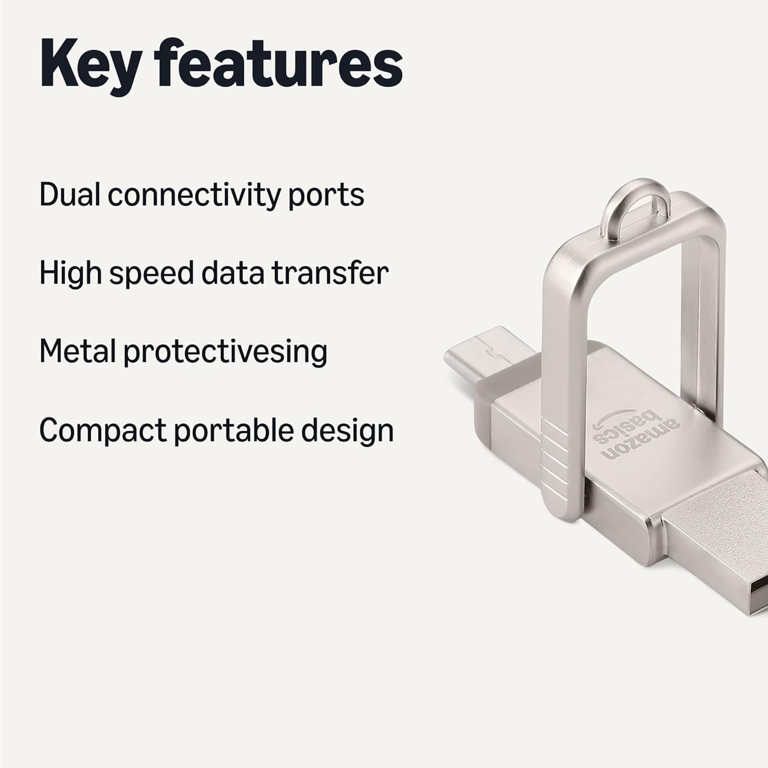 Communicates multiple key selling benefits of the USB drive in a clear, segmented list format to help shoppers quickly understand the product's versatility, performance, durability, and portability.