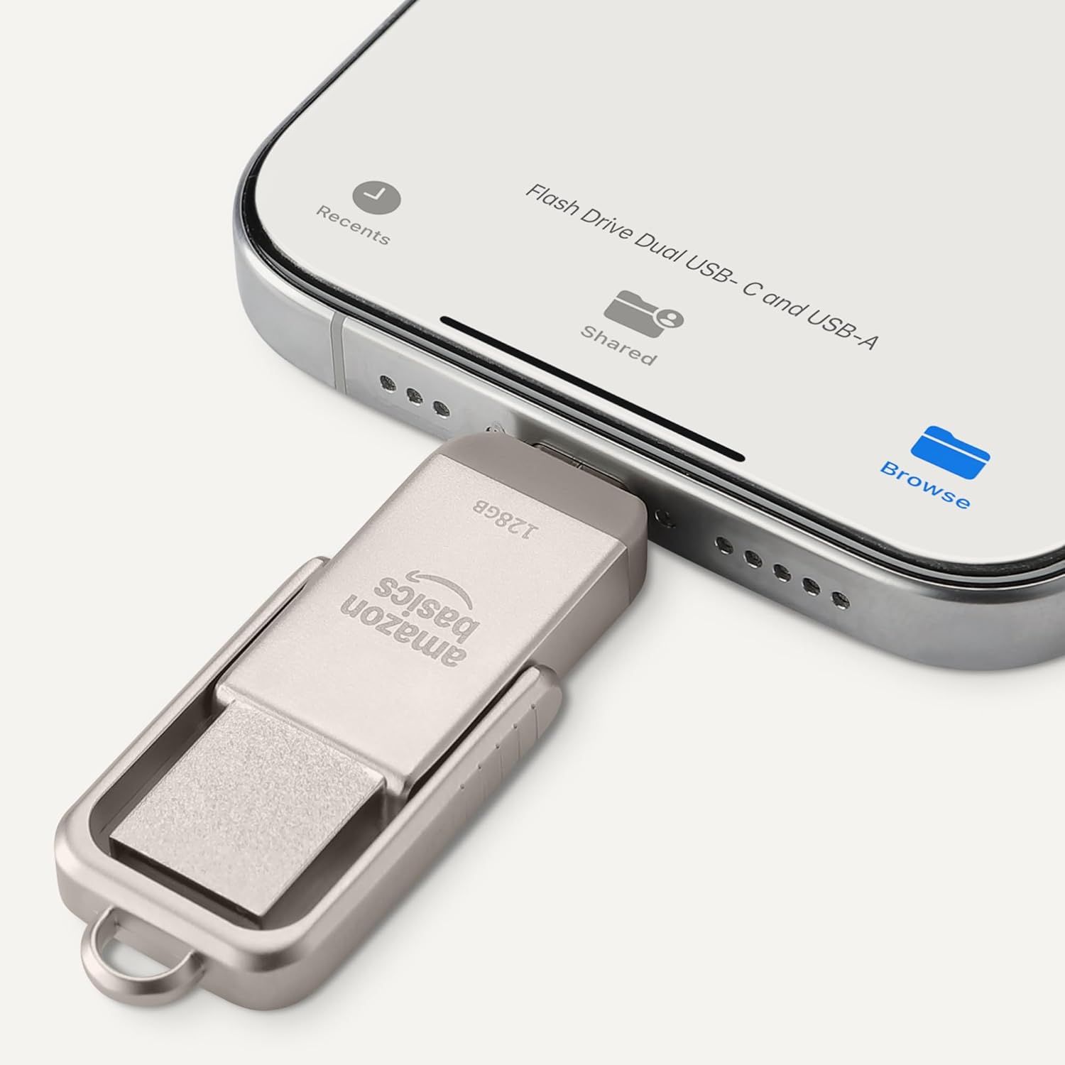 Demonstrates the flash drive's dual-connector design, showing it works with both USB-C and USB-A devices, emphasizing versatility and broad device compatibility.