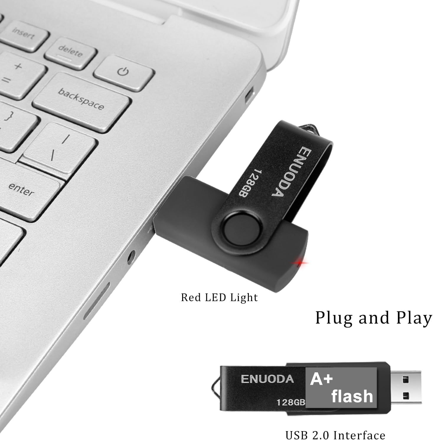 Highlights multiple key features of the USB flash drive including the LED indicator, ease of use, and technical interface specification to communicate versatility and user-friendliness.