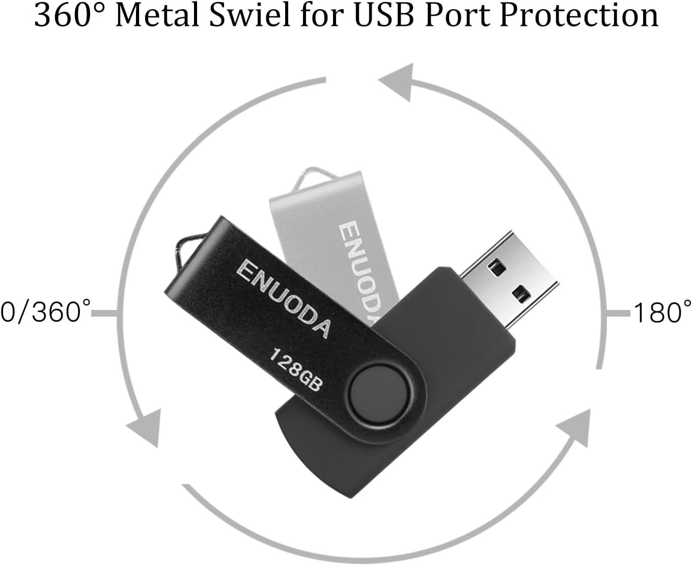 Demonstrates the physical swivel mechanism of the USB drive, highlighting the 360-degree rotation feature that protects the USB port and provides flexible usage. Communicates the key benefit of the…