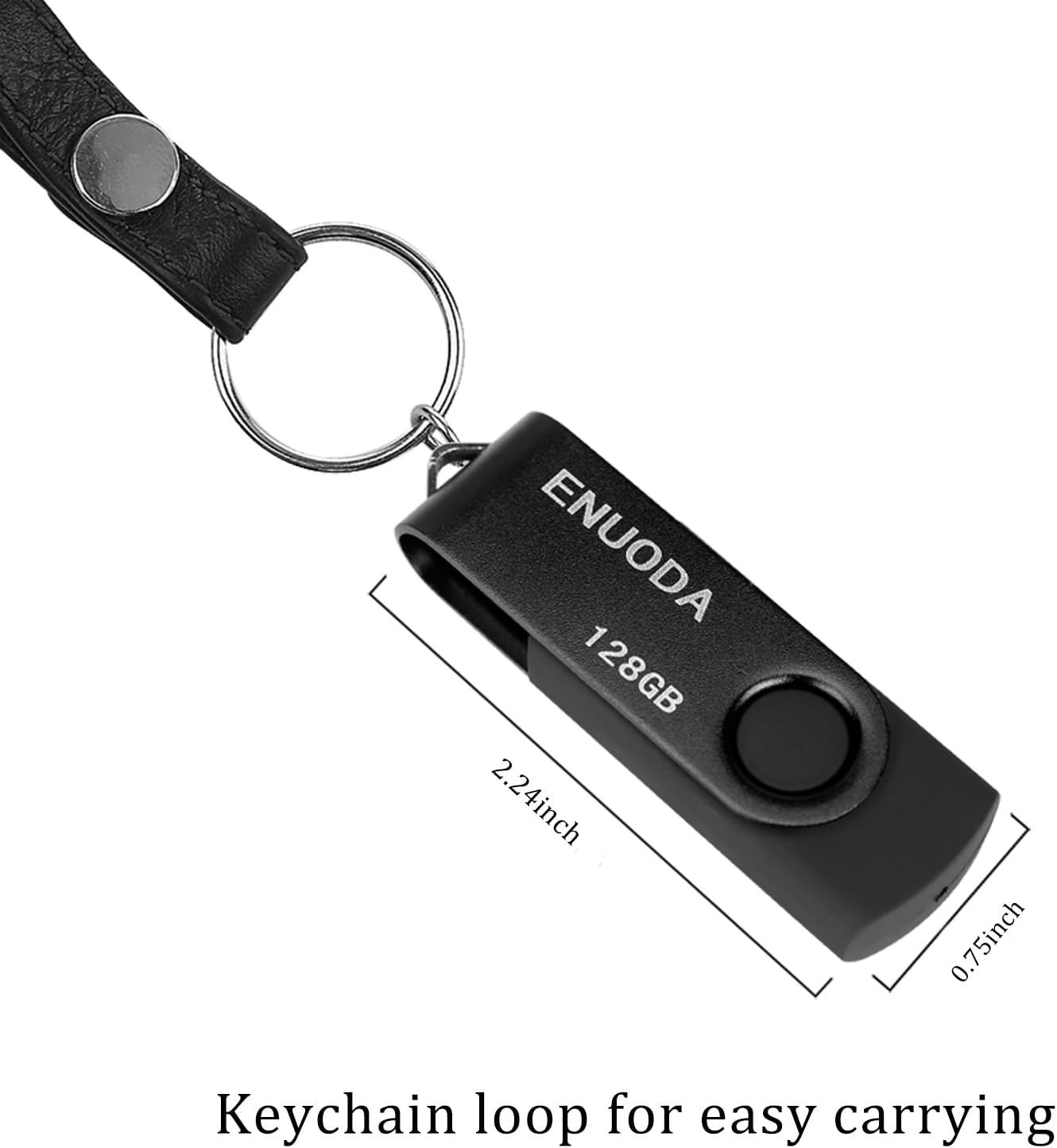 Communicates the exact physical size of the USB drive (2.24 x 0.75 inches) to help shoppers understand how compact and portable it is. Highlights the keychain loop feature and compact design to…