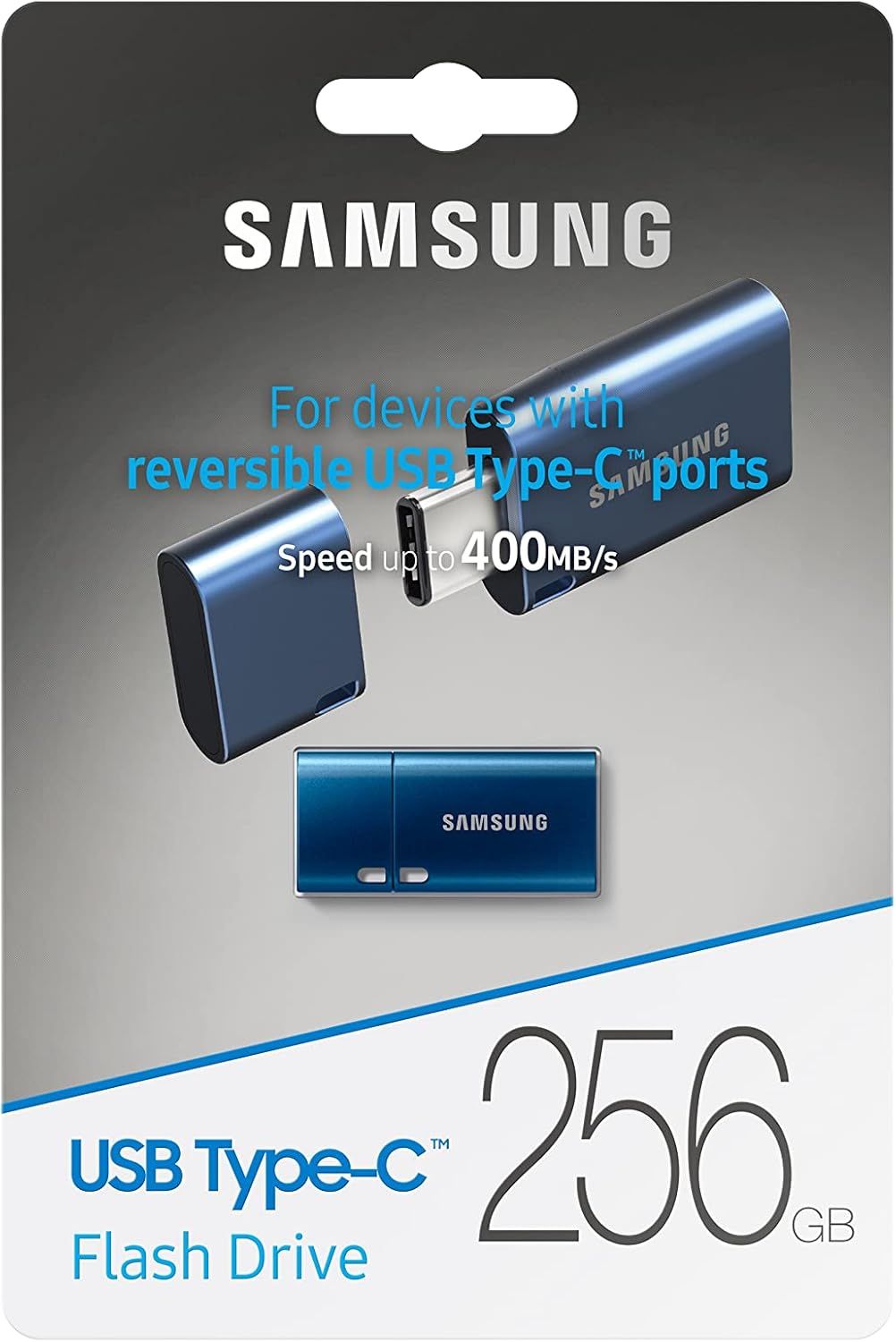 Communicates multiple key product benefits including compatibility with reversible USB Type-C ports, fast transfer speeds, and large storage capacity to help shoppers understand the product's…