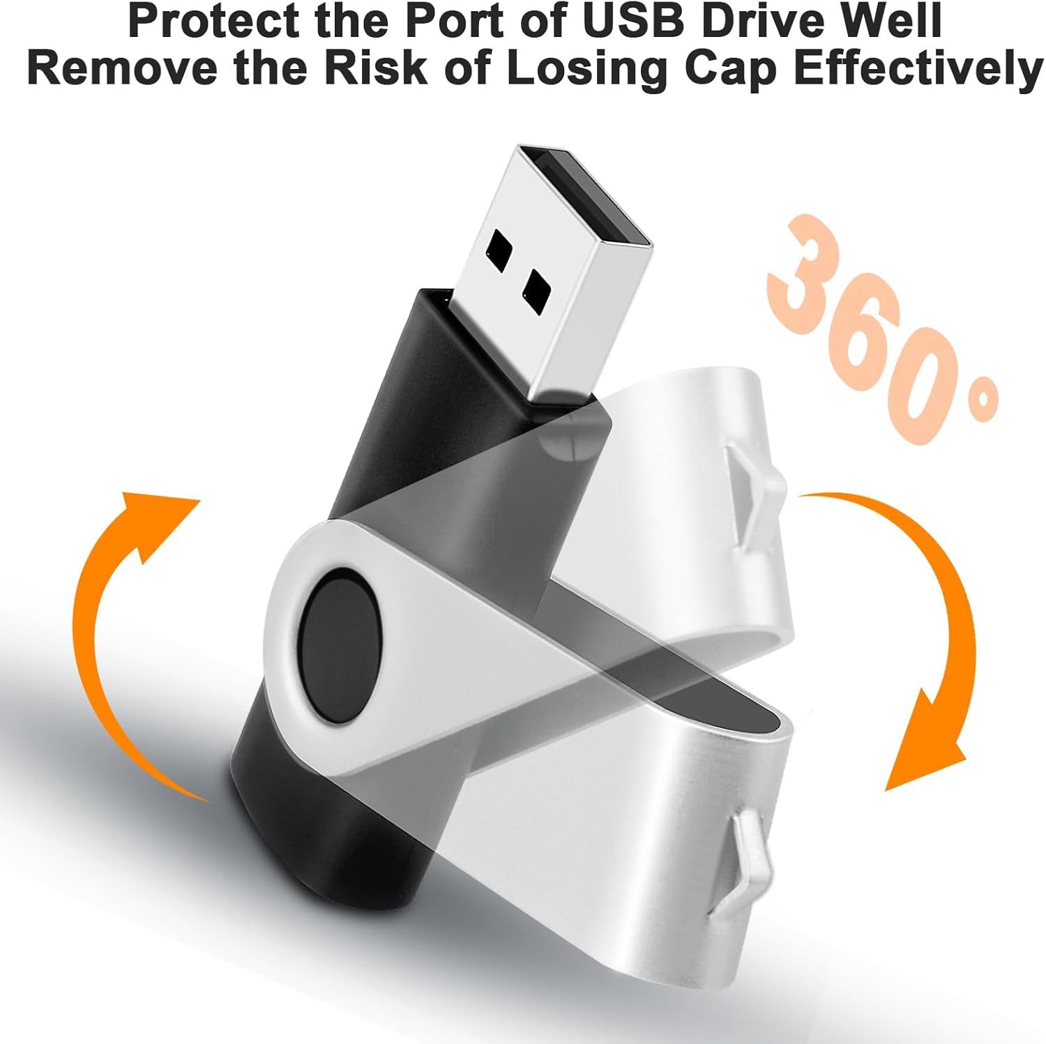 Demonstrates the USB drive's rotating swivel mechanism that eliminates the need for a separate cap, preventing cap loss and protecting the USB port effectively.
