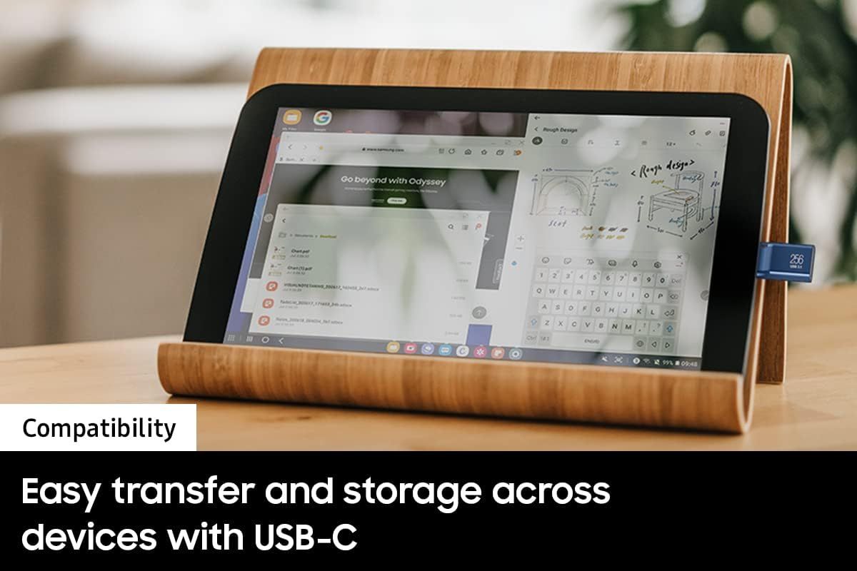 Demonstrates that the product (tablet stand with USB-C) is compatible with various devices and enables easy file transfer and storage across devices. Highlights the convenience of transferring and…
