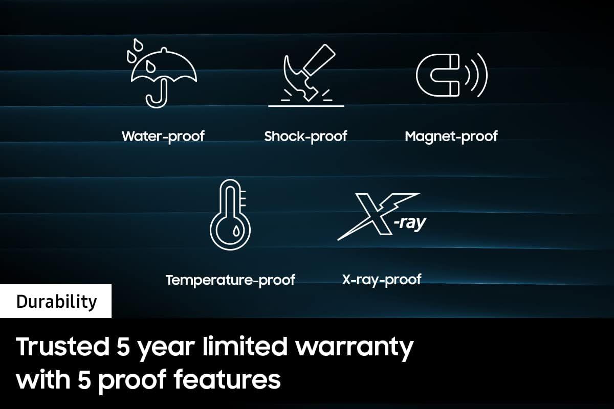 Communicates the product's comprehensive durability and protection features across five distinct proof categories, reinforced by a 5-year warranty to build trust and confidence in the product's…