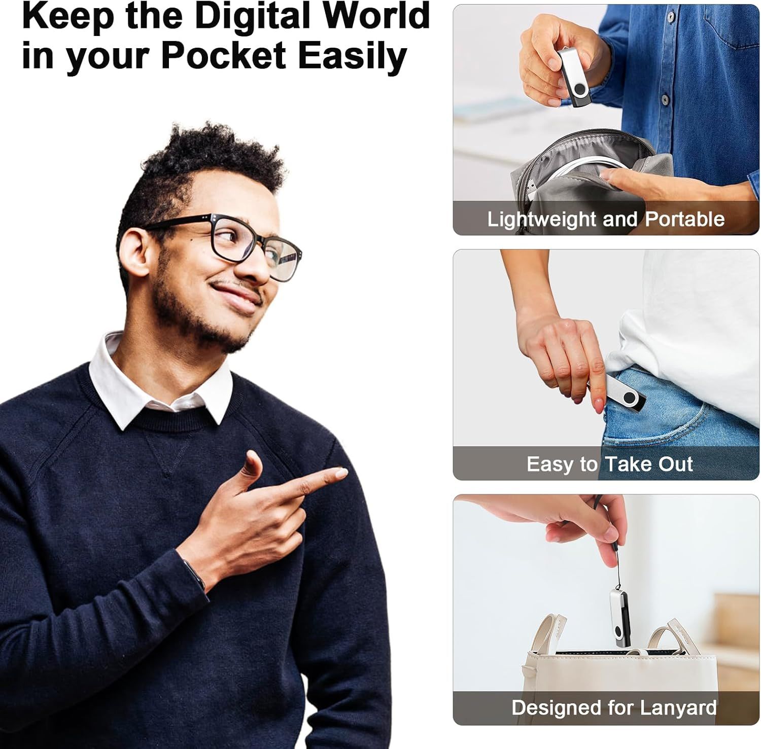 Communicates multiple benefits of the USB flash drive through visually segmented panels, emphasizing its portability, pocket-friendly design, and convenient lanyard attachment for easy carrying.