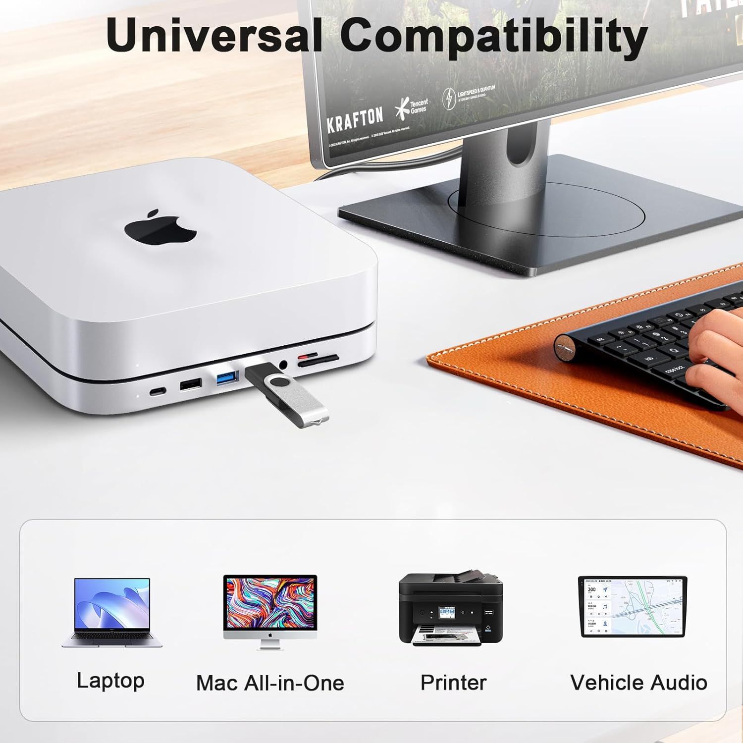 Demonstrates that the product (USB hub/adapter) is compatible with multiple devices including laptops, Mac computers, printers, and vehicle audio systems, reassuring shoppers of its versatility…