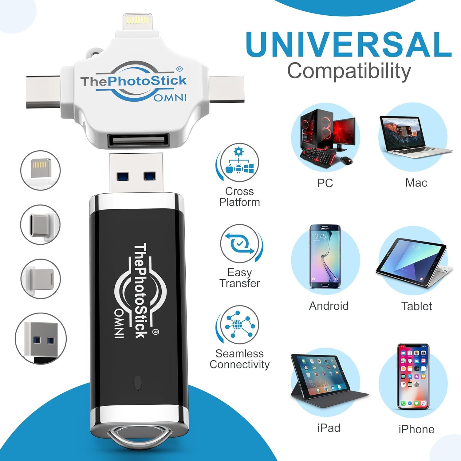 Demonstrates that ThePhotoStick OMNI works with multiple devices and platforms (PC, Mac, Android, Tablet, iPad, iPhone), reassuring shoppers of its versatility and broad compatibility.