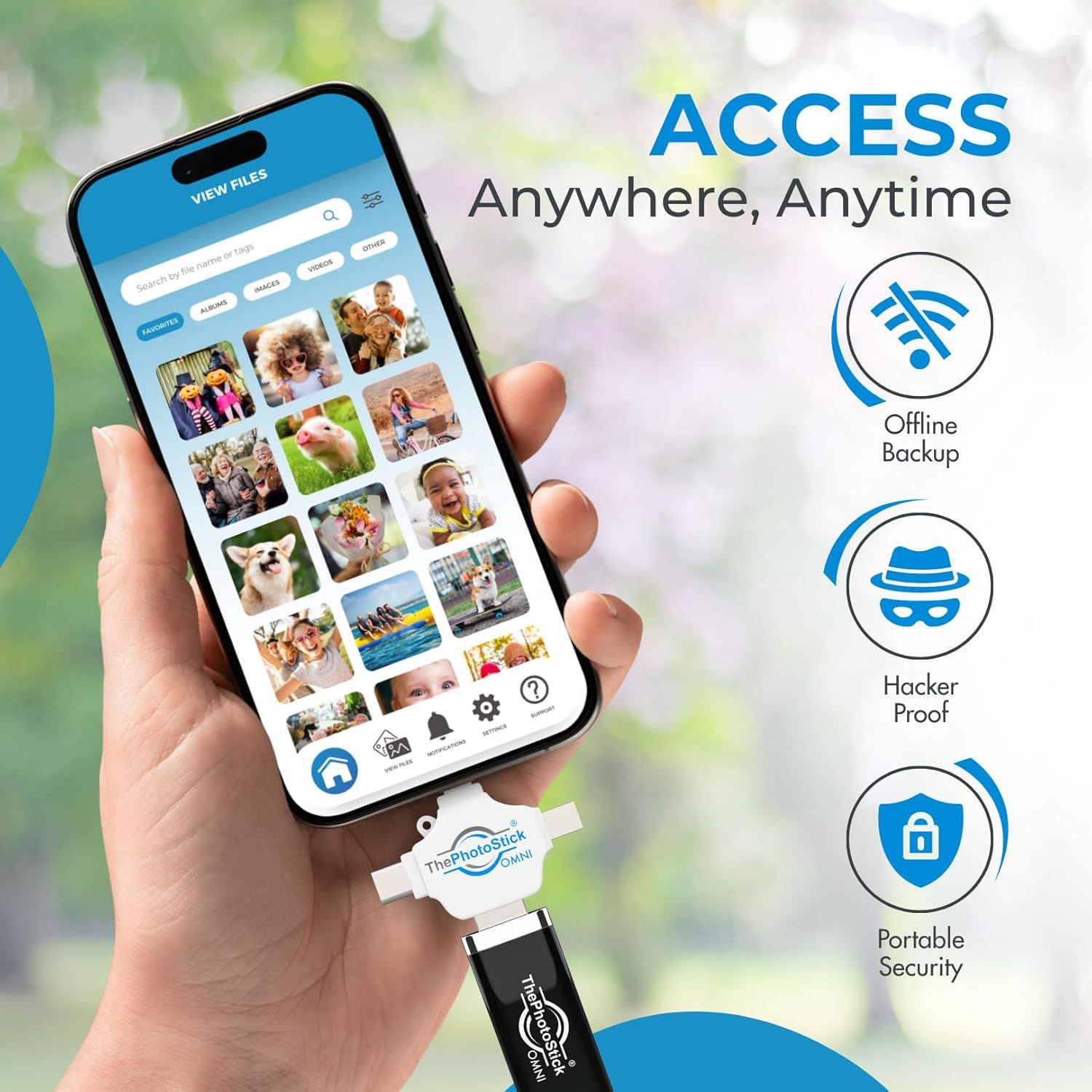 Communicates multiple security and convenience benefits of the photo storage device, emphasizing offline backup, hacker protection, portability, and universal access to reassure shoppers about data…