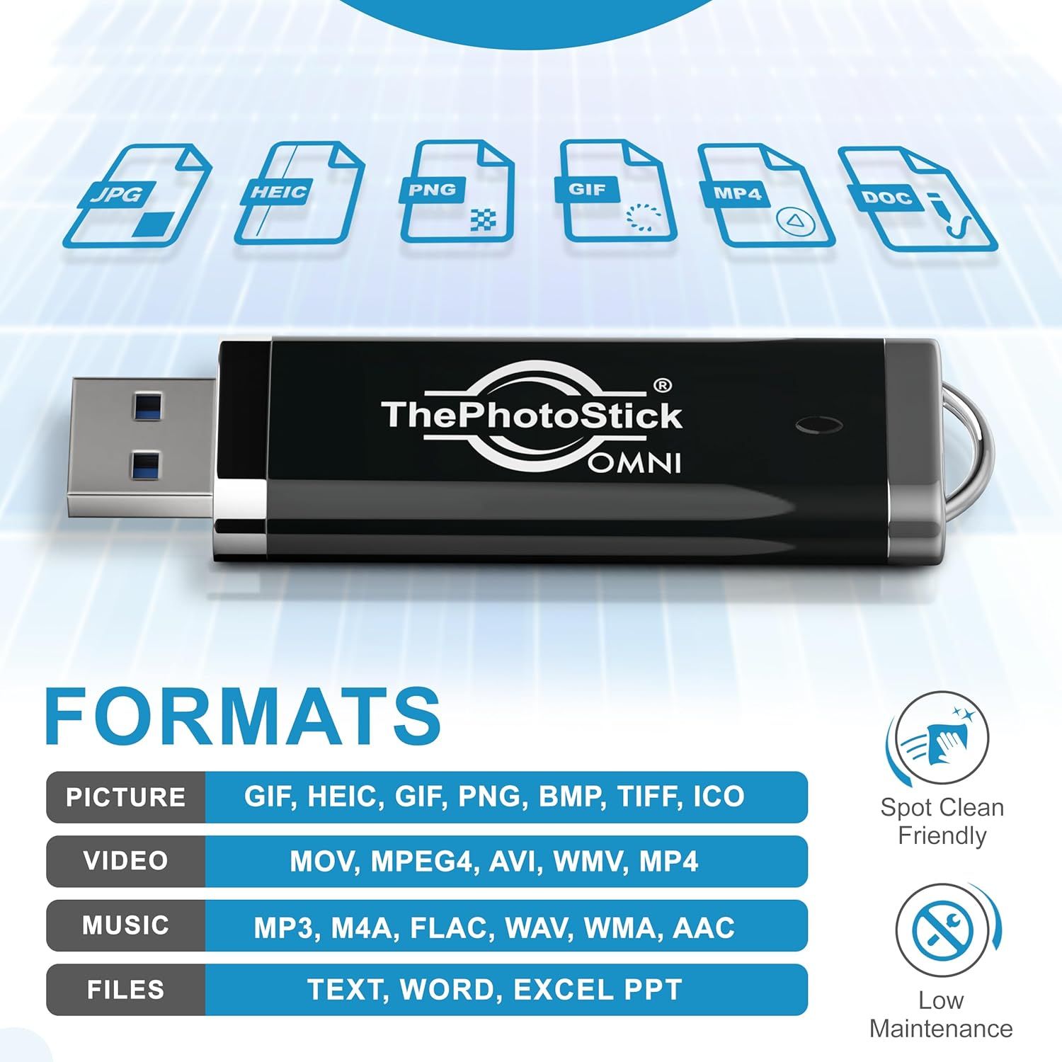 Communicates the USB drive's versatility by showing it supports multiple file formats across pictures, videos, music, and documents, while also highlighting its easy-care features.
