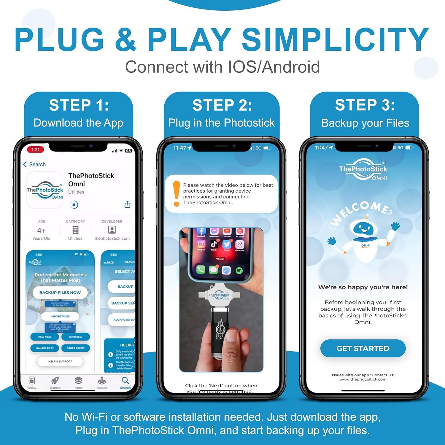 Demonstrates the simple three-step process for setting up and using ThePhotoStick Omni, reassuring shoppers that the product is easy to use with clear visual instructions. Emphasizes the product's…
